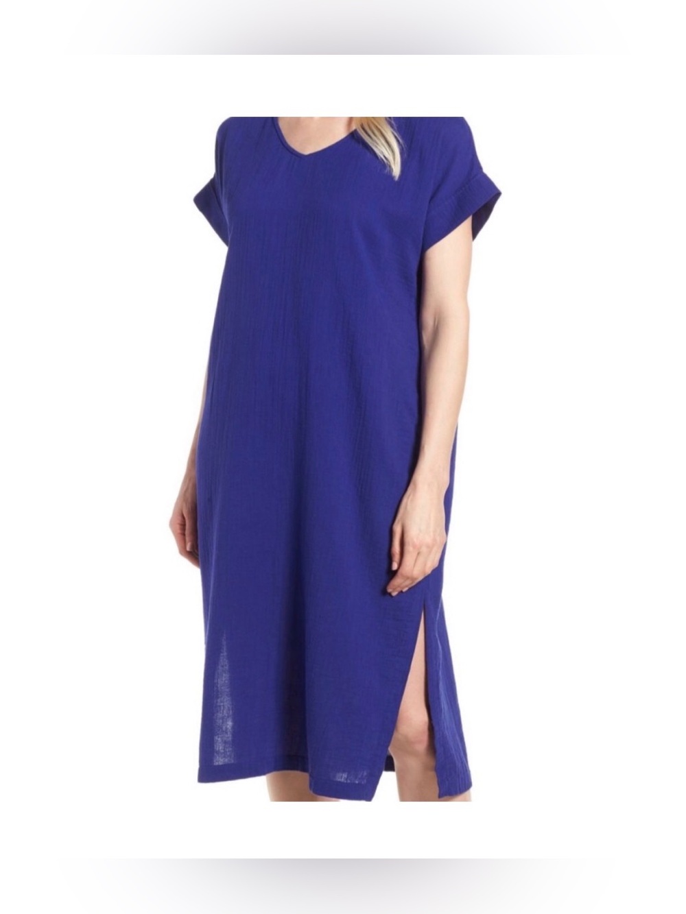 EILEEN FISHER Organic Cotton Gauze V-Neck Midi Dress Boxy Fit Calf Length Sz XS